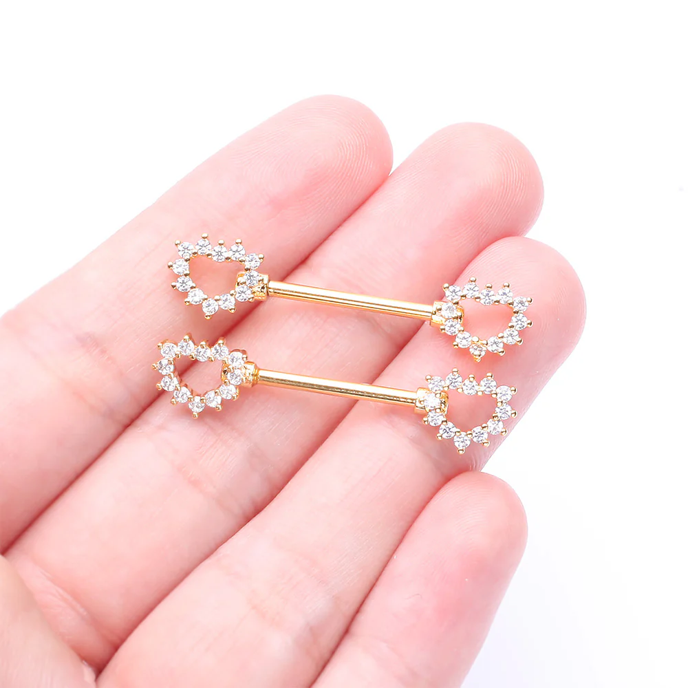 A Pair of Golden Brilliant Sparkle Hollow Heart Nipple Barbell - Image 3