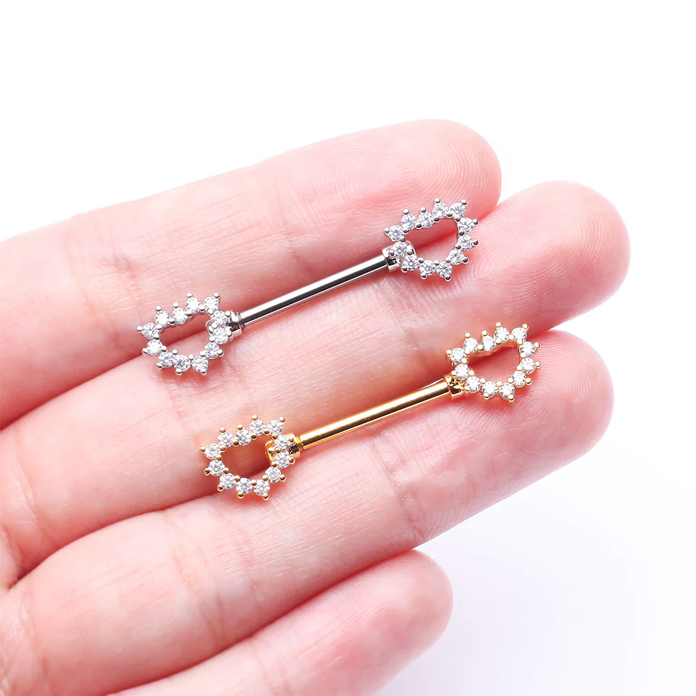 A Pair of Golden Brilliant Sparkle Hollow Heart Nipple Barbell - Image 4