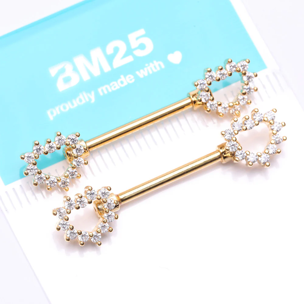 A Pair of Golden Brilliant Sparkle Hollow Heart Nipple Barbell - Image 5