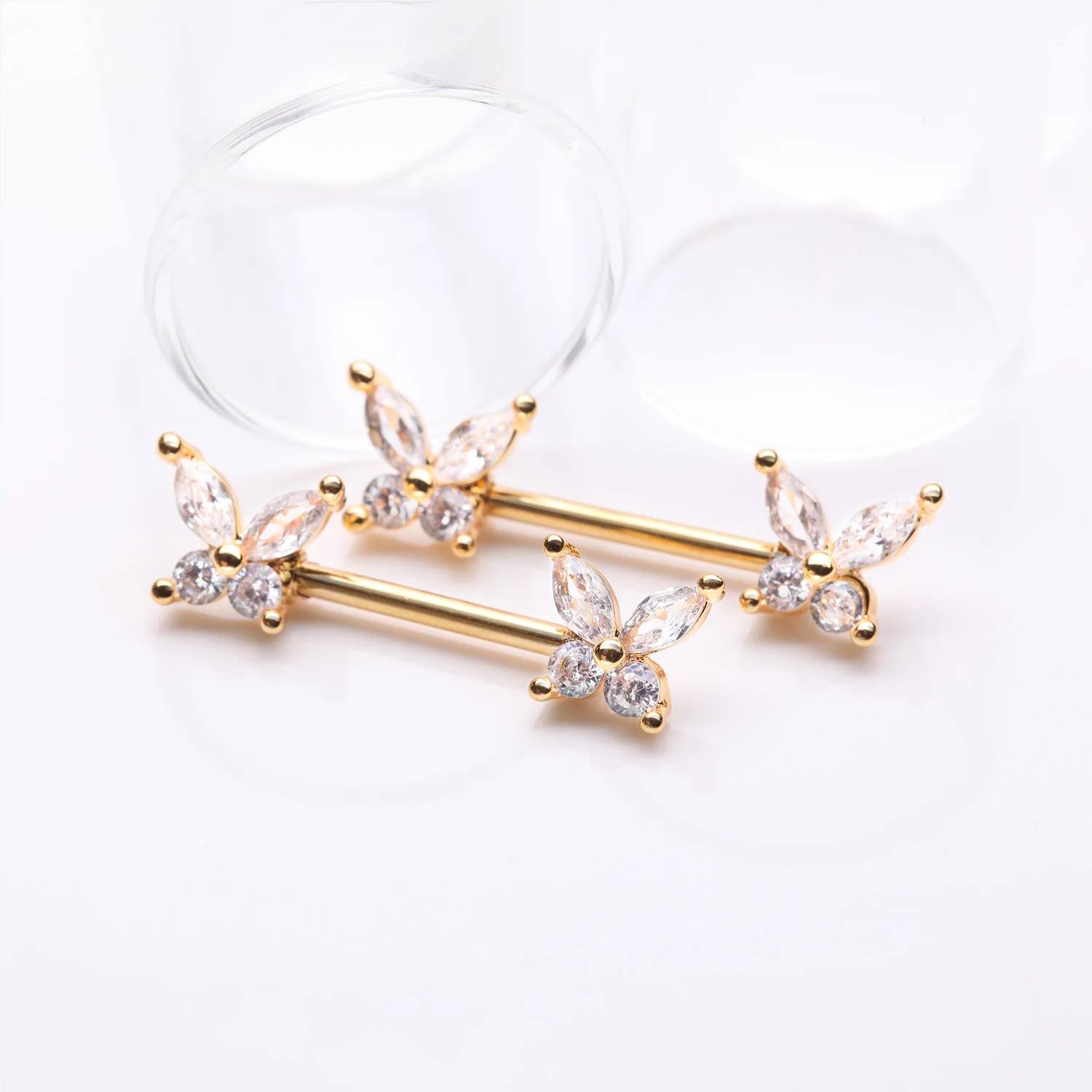 A Pair of Golden Brilliant Sparkle Marquise Butterfly Nipple Barbell - Image 2