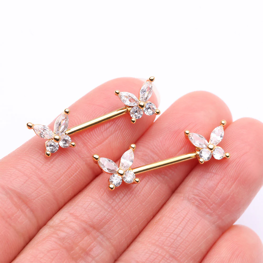 A Pair of Golden Brilliant Sparkle Marquise Butterfly Nipple Barbell - Image 3