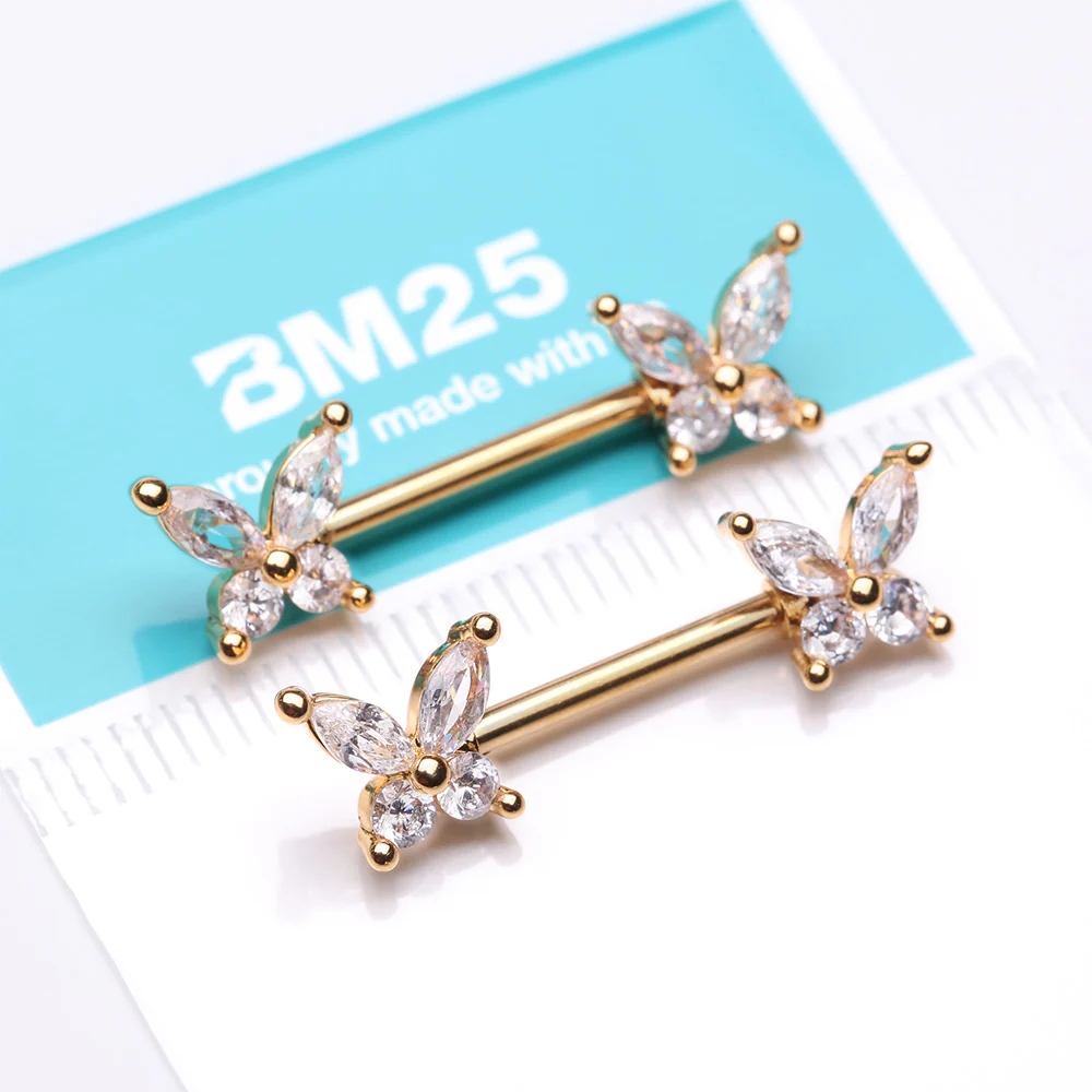 A Pair of Golden Brilliant Sparkle Marquise Butterfly Nipple Barbell - Image 4