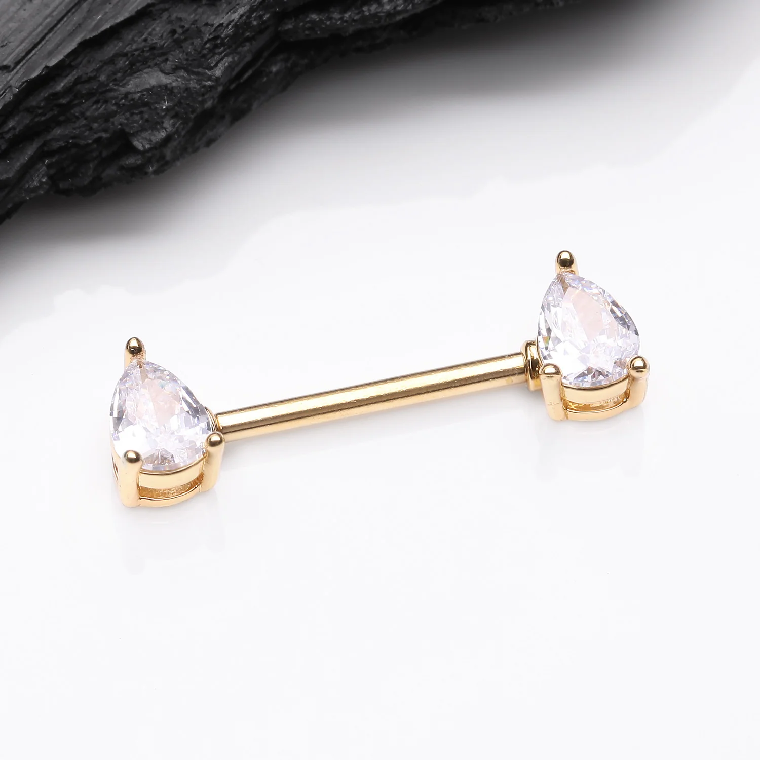 A Pair of Golden Brilliant Teardrop Prong Sparkle Nipple Barbell - Image 2