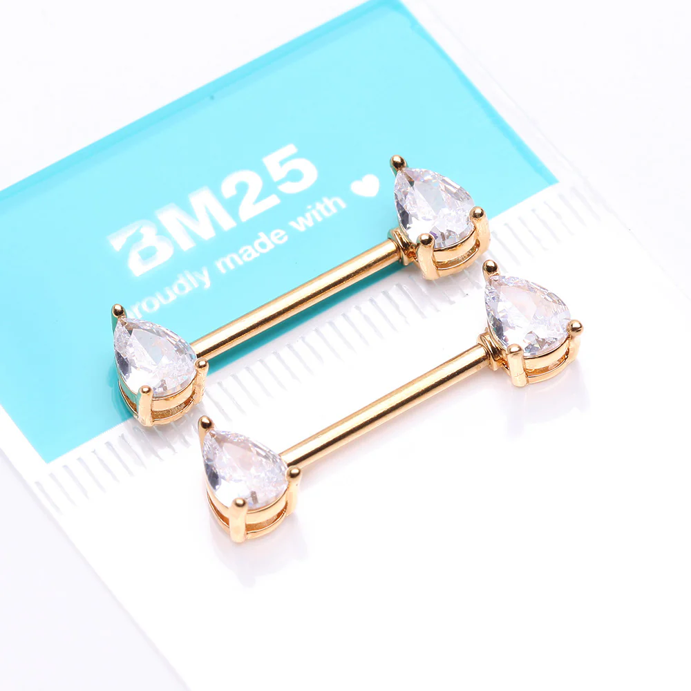A Pair of Golden Brilliant Teardrop Prong Sparkle Nipple Barbell - Image 3