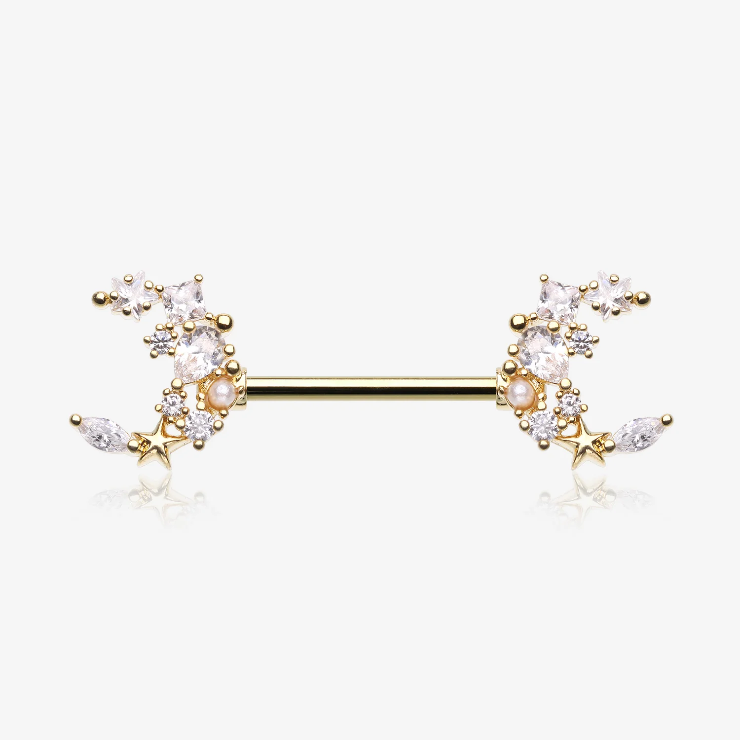 A Pair of Golden Celestial Sparkle Crescent Moon Array Nipple Barbell