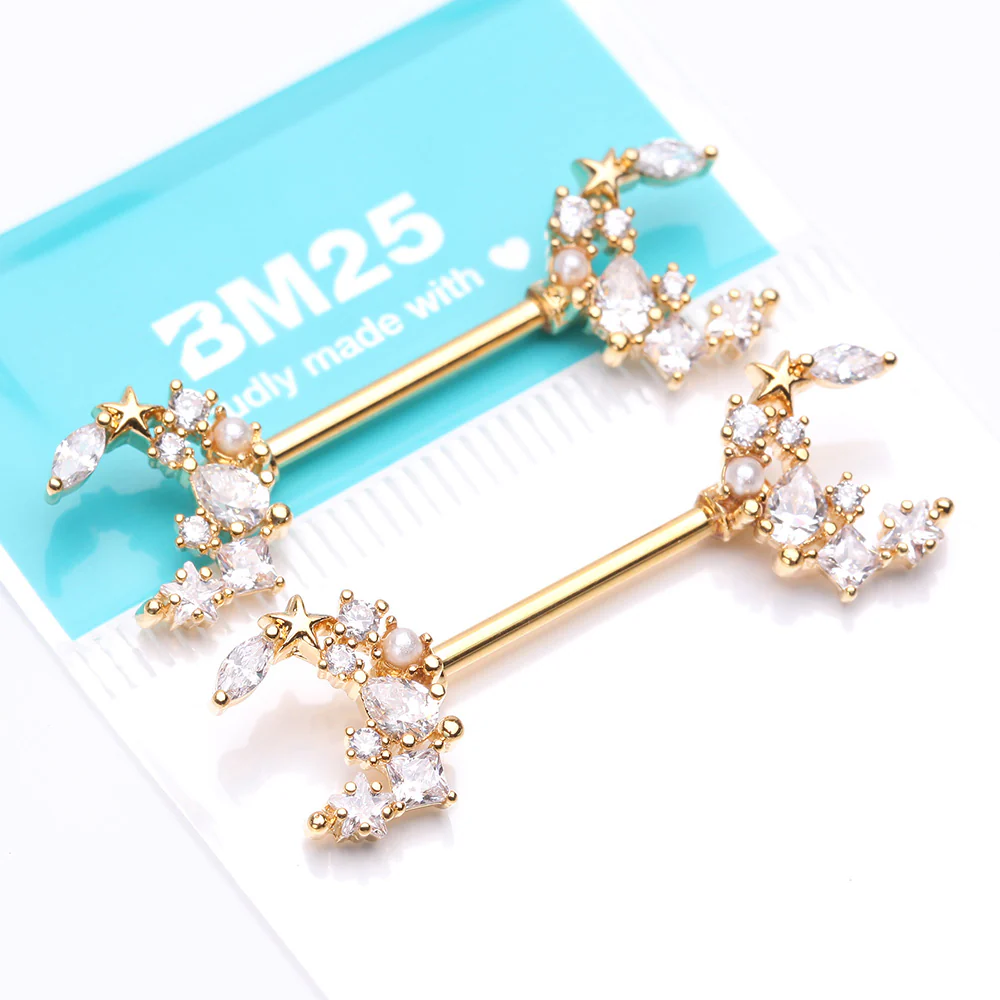 A Pair of Golden Celestial Sparkle Crescent Moon Array Nipple Barbell - Image 5