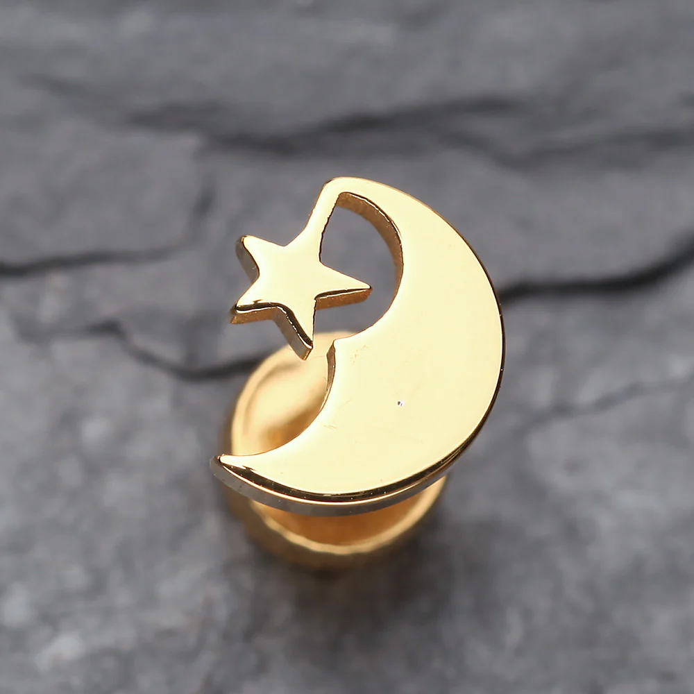 A Pair of Golden Crescent Moon & Star Fake Plug Earring - Image 3