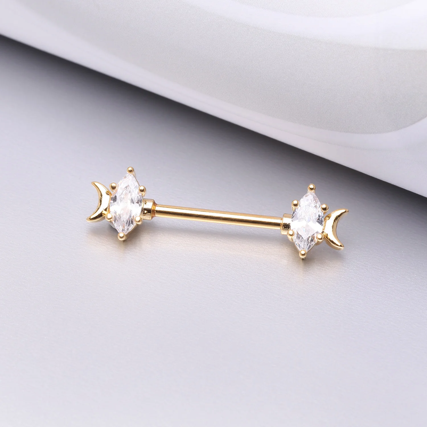 A Pair of Golden Crescent Moon Phase Marquise Sparkle Nipple Barbell - Image 2