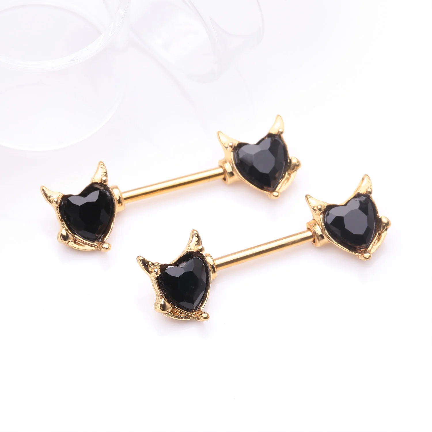 A Pair of Golden Devil Heart Sparkle Nipple Barbell - Image 2