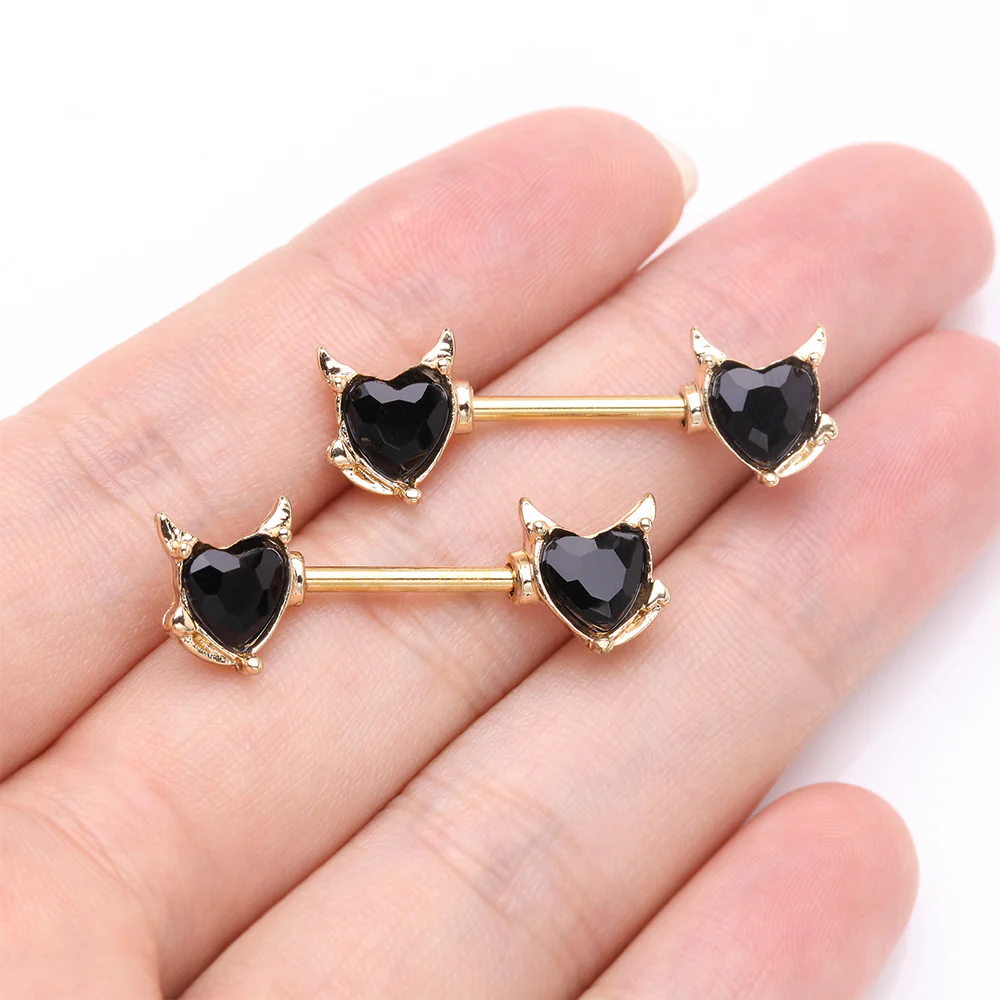 A Pair of Golden Devil Heart Sparkle Nipple Barbell - Image 3