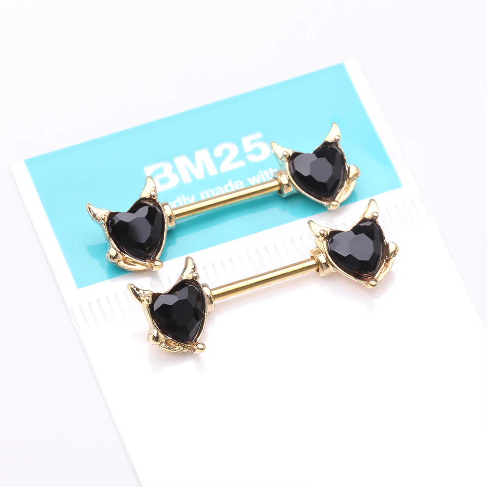 A Pair of Golden Devil Heart Sparkle Nipple Barbell - Image 4