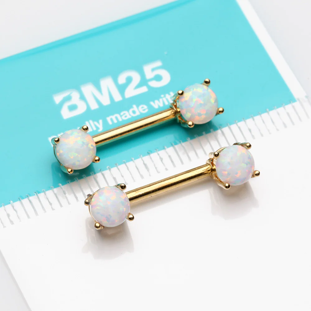 A Pair of Golden Fire Opal Prong Set Sparkle Nipple Barbell - Image 3
