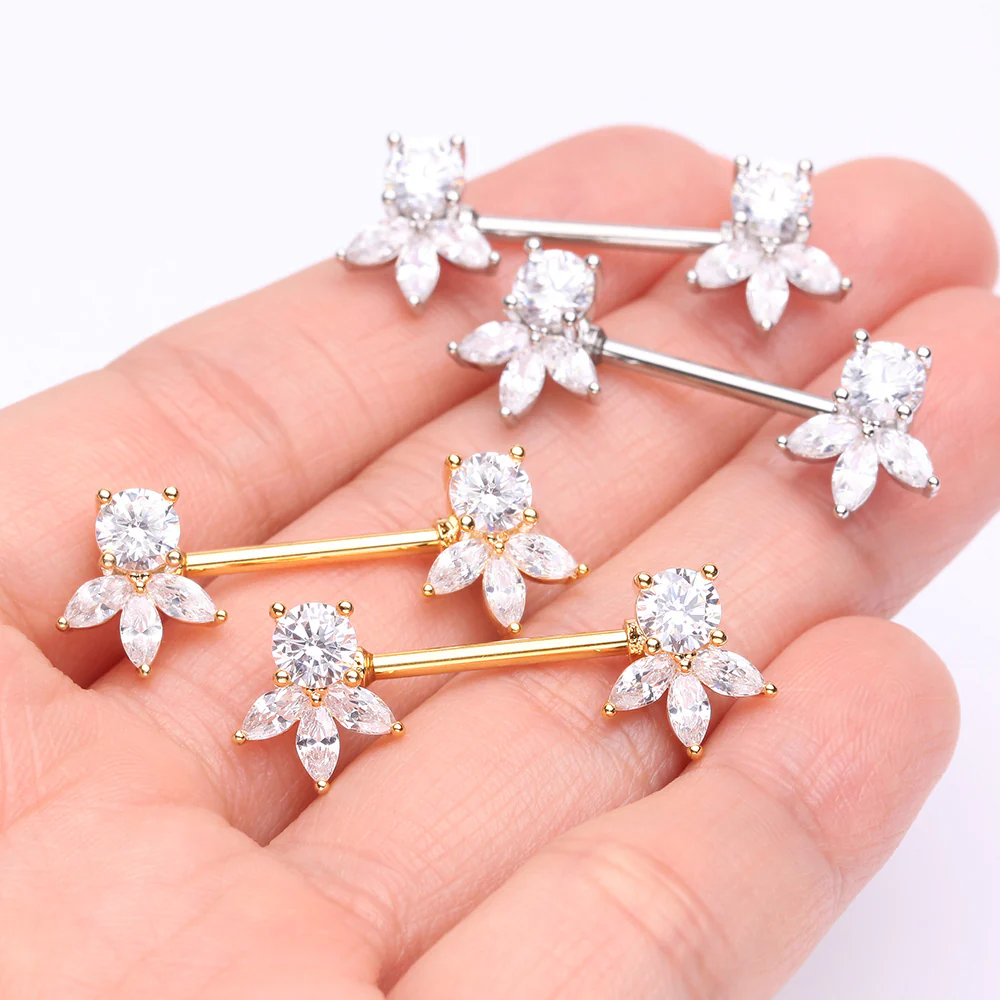 A Pair of Golden Floral Elegance Sparkle Multi-Gem Nipple Barbell - Image 4