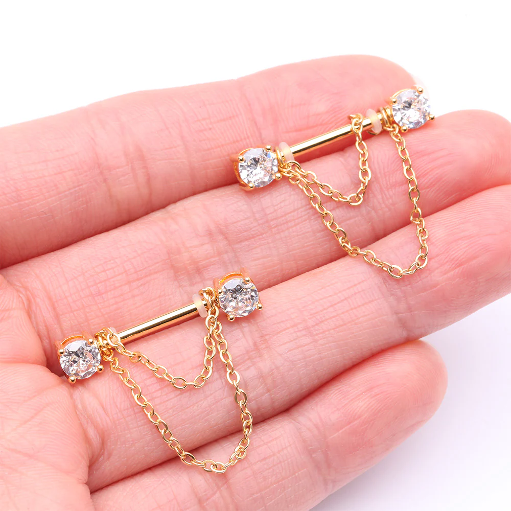 A Pair of Golden Gem Sparkle Double Chained Nipple Barbell - Image 3
