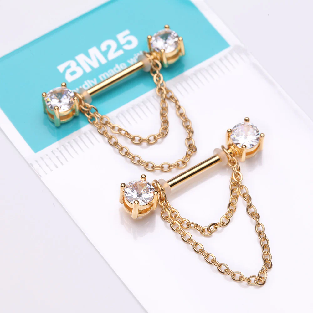 A Pair of Golden Gem Sparkle Double Chained Nipple Barbell - Image 4