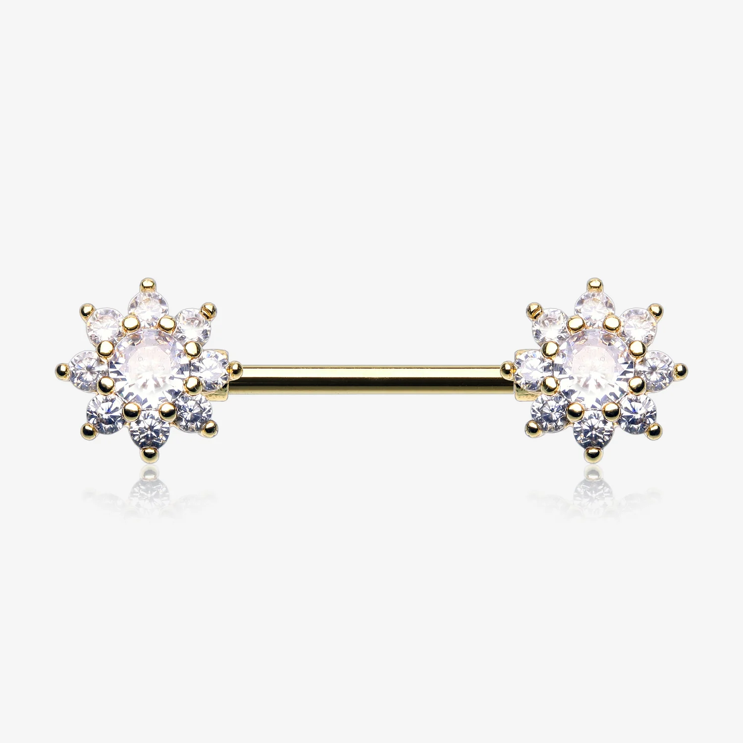 A Pair of Golden Glistening Sparkle Flower Multi-Gem Nipple Barbell