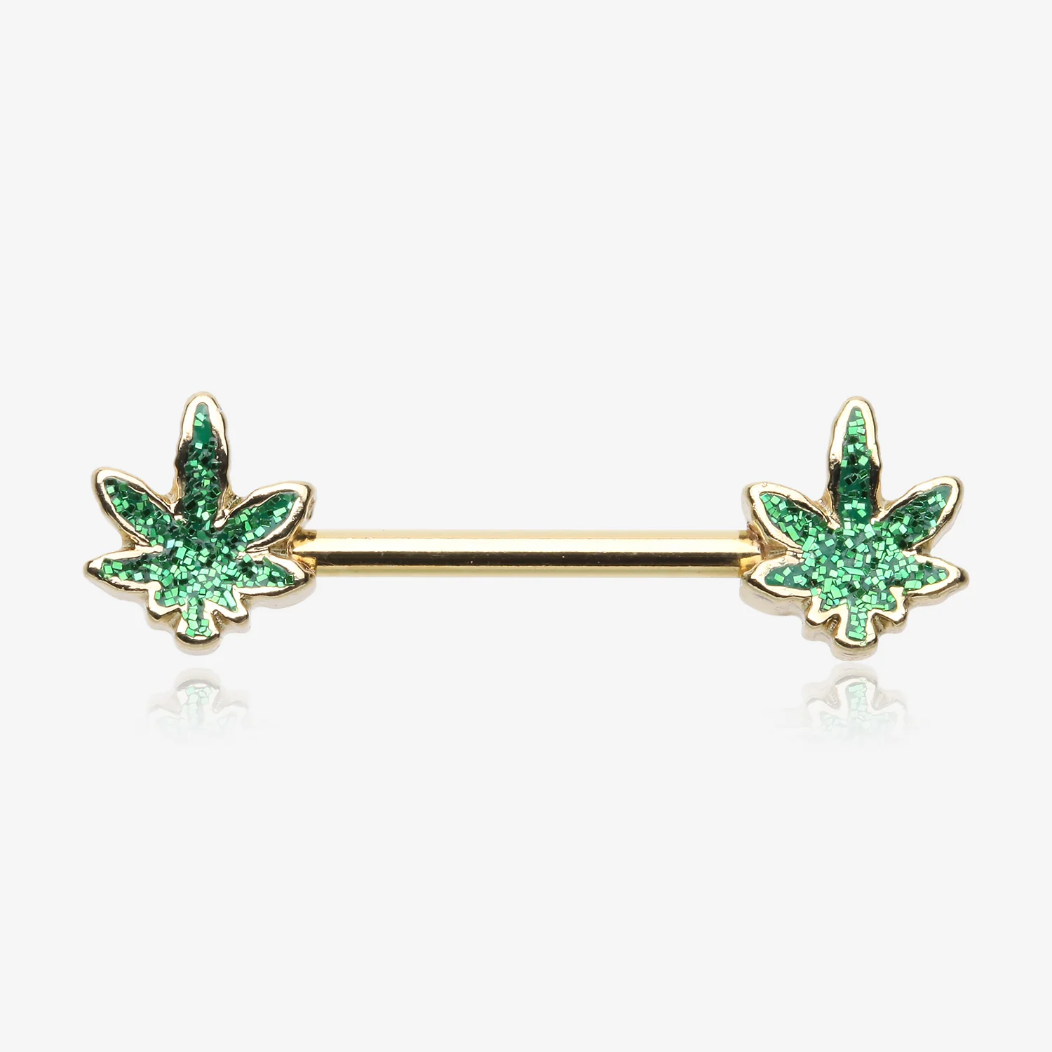 A Pair of Golden Glitter Sparkle Cannabis Nipple Barbell