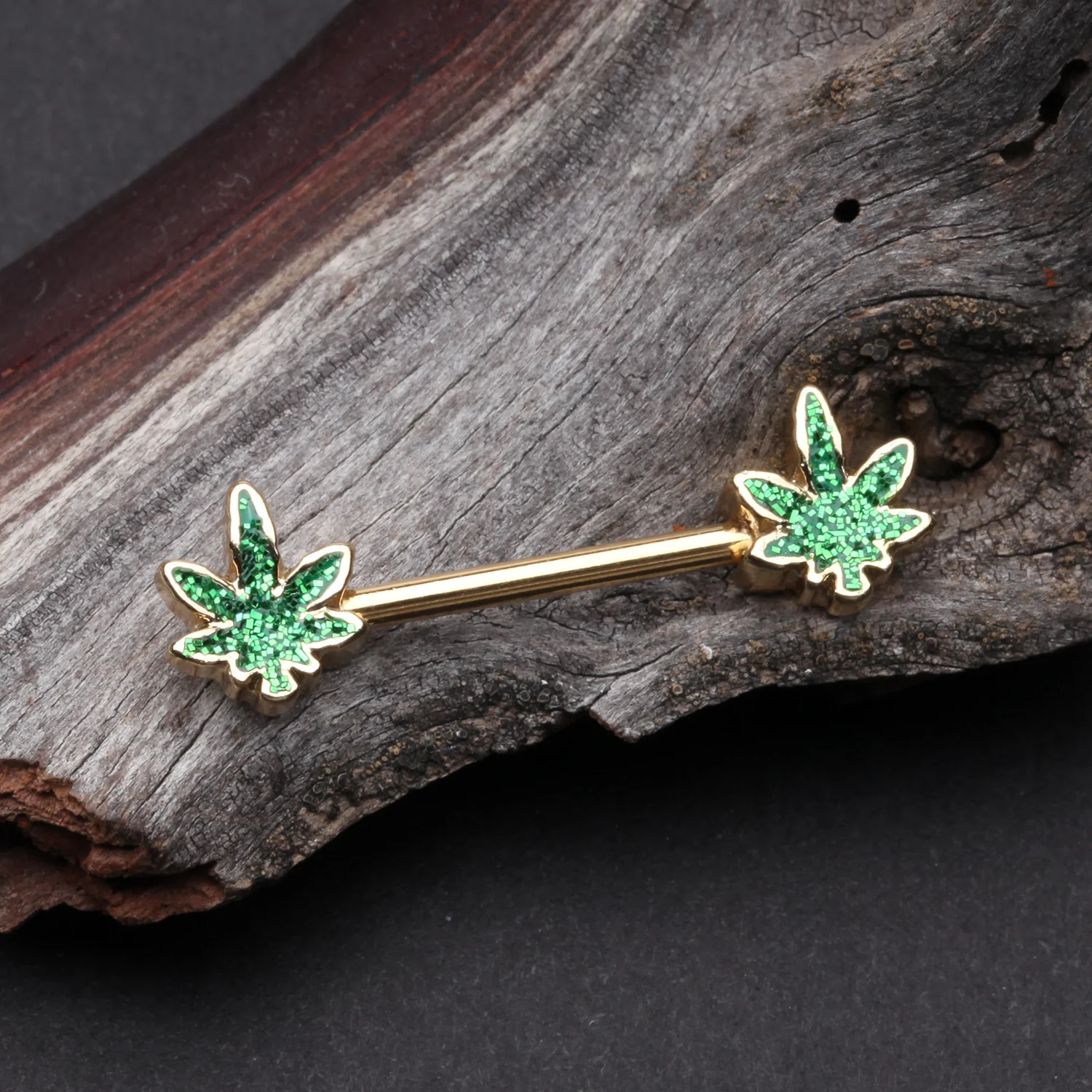 A Pair of Golden Glitter Sparkle Cannabis Nipple Barbell - Image 2