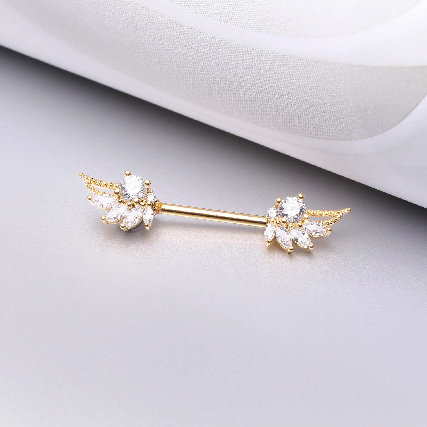A Pair of Golden Guardian Angelic Wing Sparkle Nipple Barbell - Image 2
