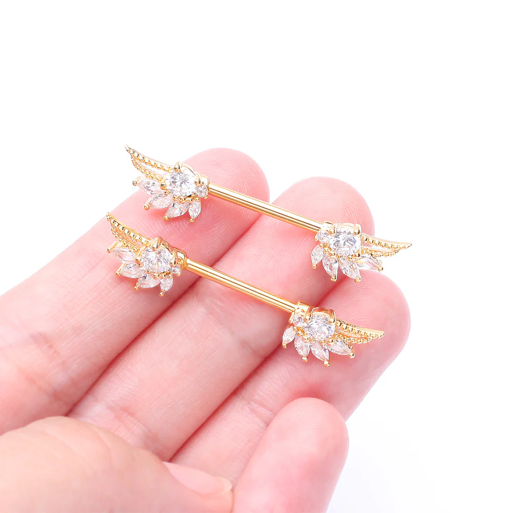 A Pair of Golden Guardian Angelic Wing Sparkle Nipple Barbell - Image 3
