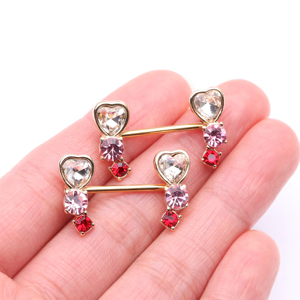 A Pair of Golden Heart Sparkle Journey Ombre Nipple Barbell - Image 3