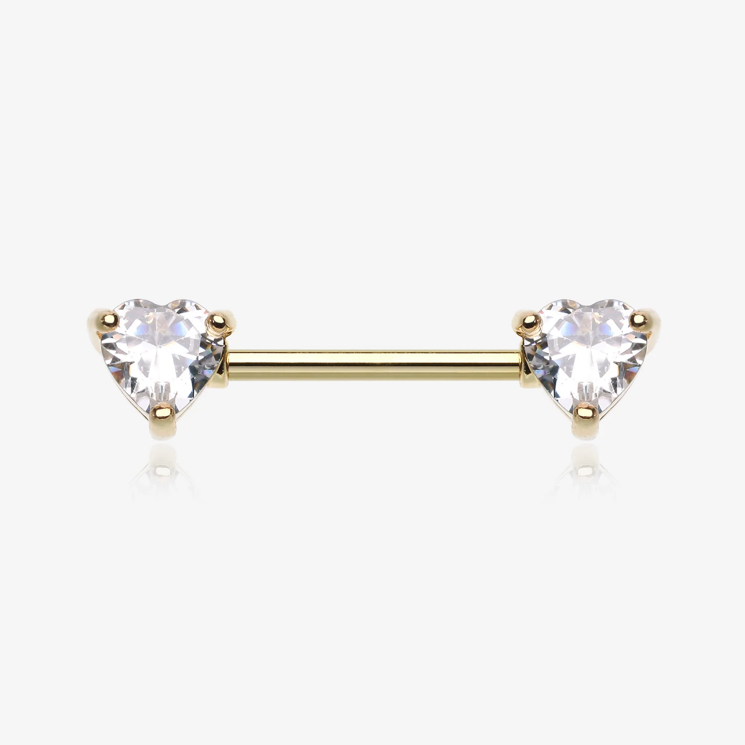 A Pair of Golden Heart Sparkle Prong Nipple Barbell