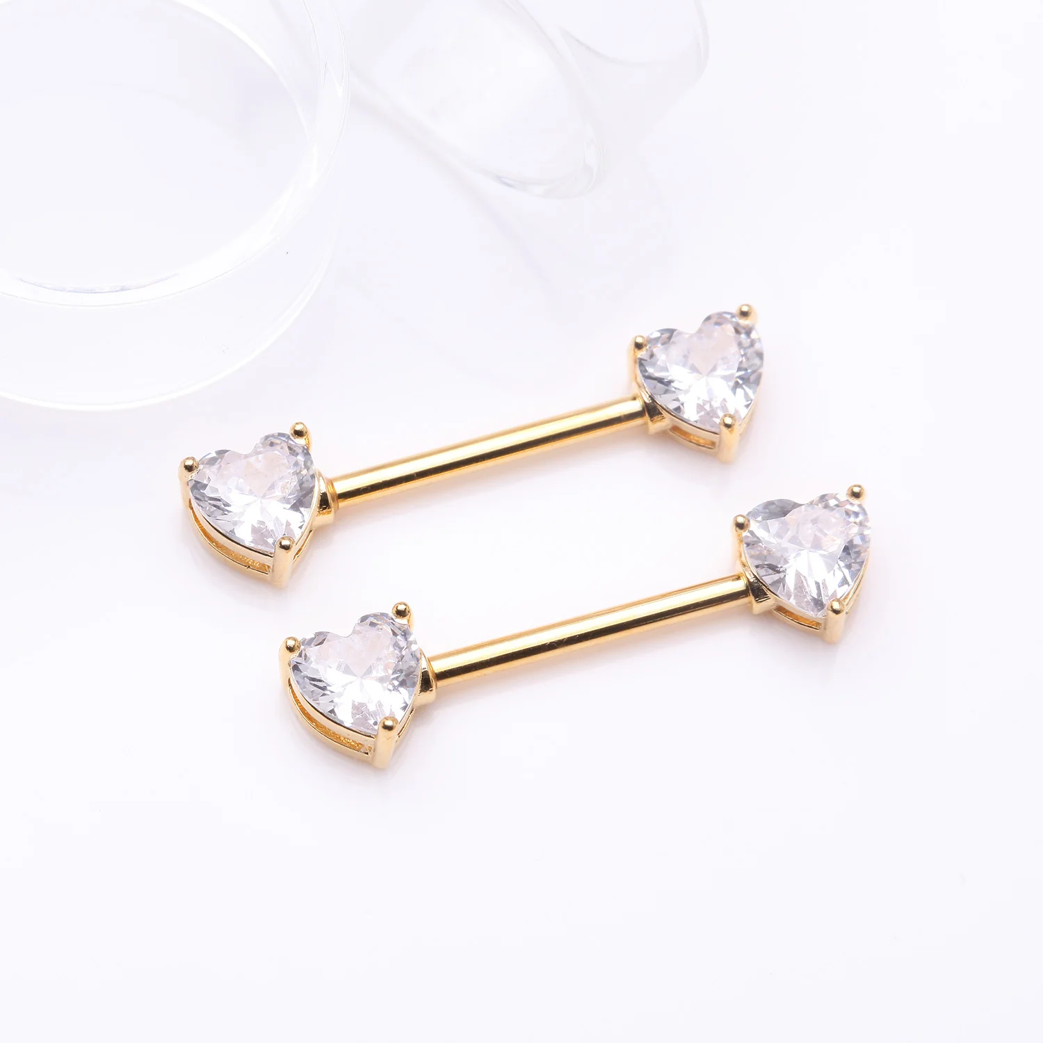 A Pair of Golden Heart Sparkle Prong Nipple Barbell - Image 2