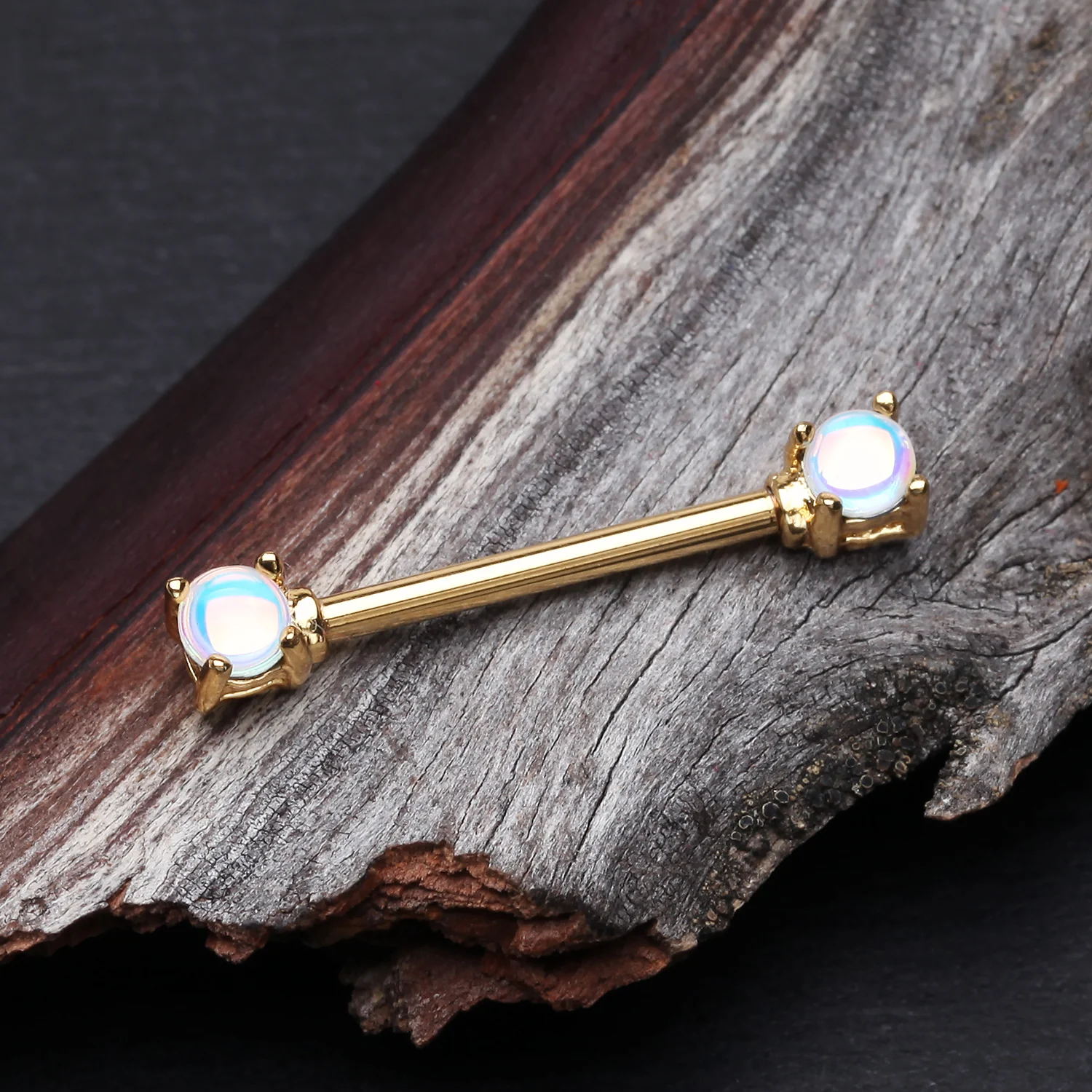 A Pair of Golden Iridescent Revo Double Prong Gem Nipple Barbell - Image 2