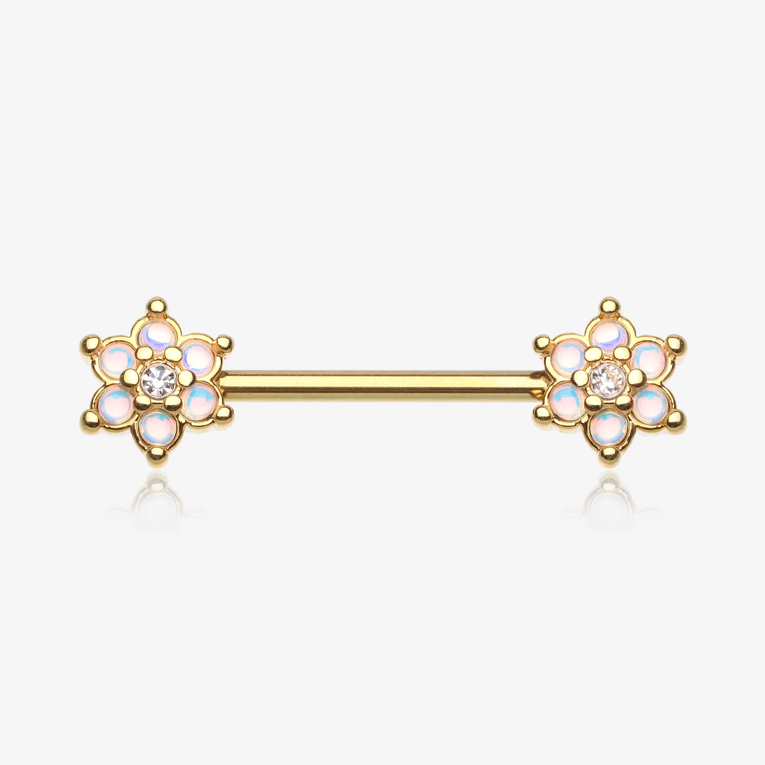 A Pair Of Golden Iridescent Revo Spring Flower Sparkle Nipple Barbell