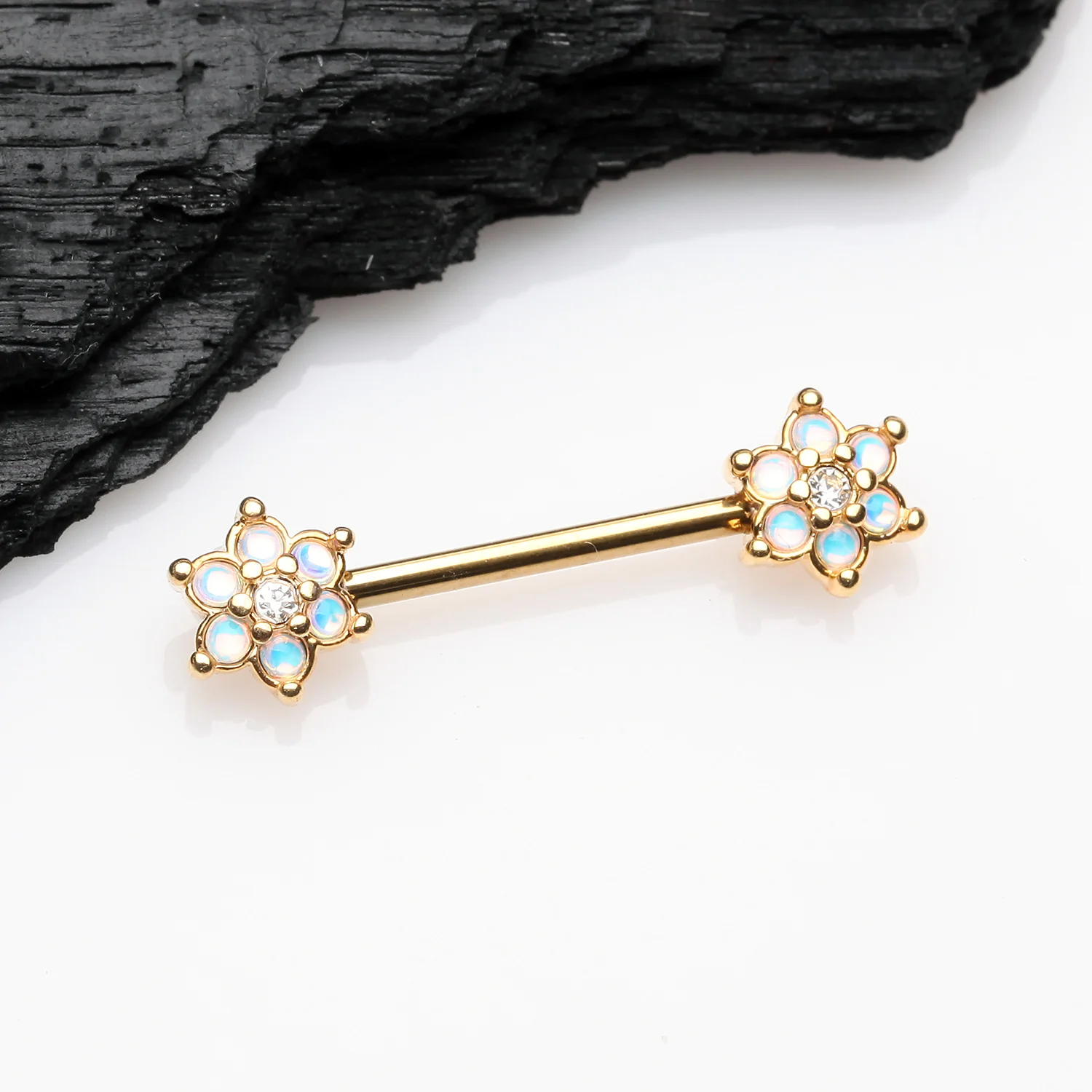 A Pair Of Golden Iridescent Revo Spring Flower Sparkle Nipple Barbell - Image 2
