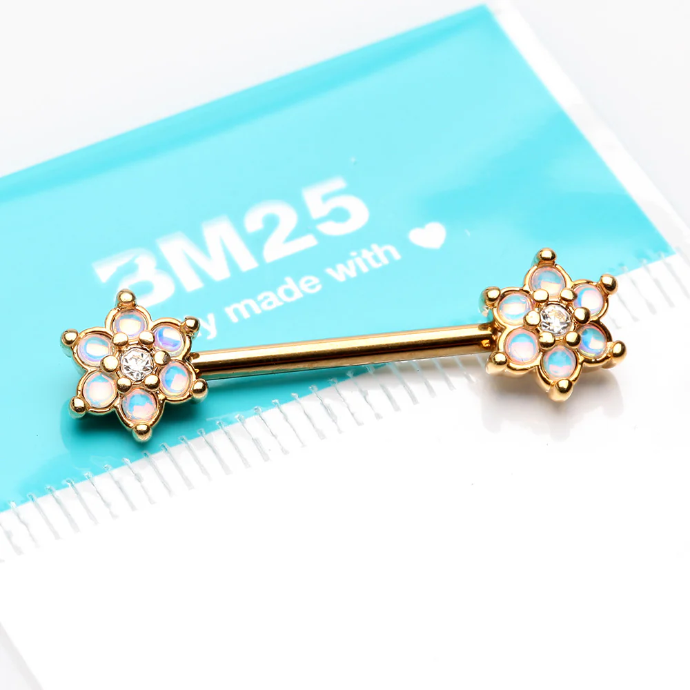A Pair Of Golden Iridescent Revo Spring Flower Sparkle Nipple Barbell - Image 3