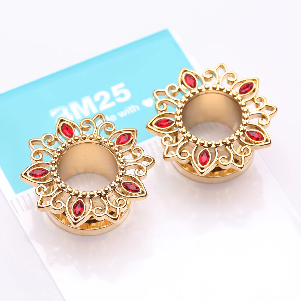 A Pair of Golden Lotus Inspired Sparkle Filigree Steel Screw-Fit Tunnel Plug - Image 4