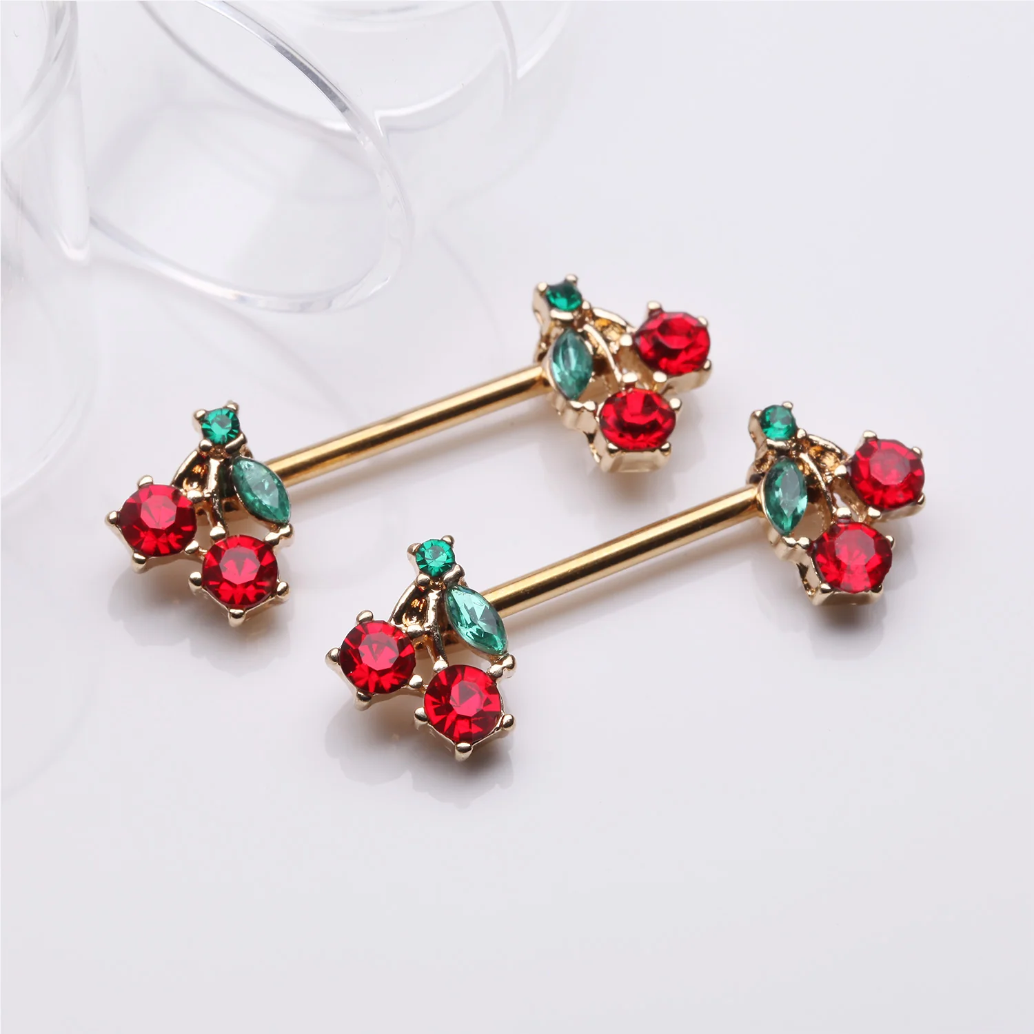 A Pair of Golden Luscious Cherry Fruit Sparkle Nipple Barbell - Image 2