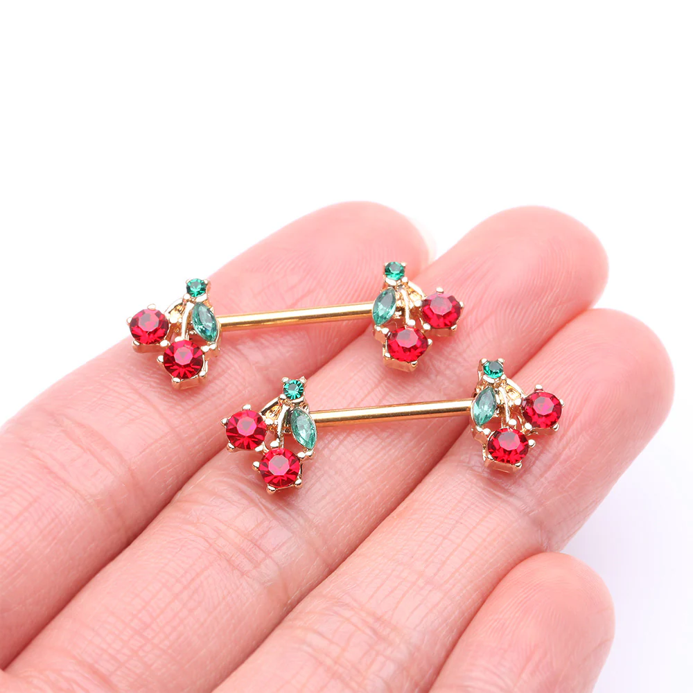 A Pair of Golden Luscious Cherry Fruit Sparkle Nipple Barbell - Image 3