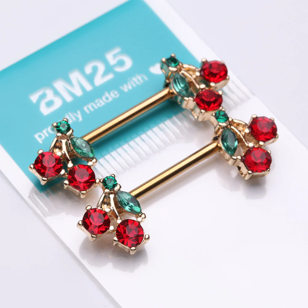 A Pair of Golden Luscious Cherry Fruit Sparkle Nipple Barbell - Image 4