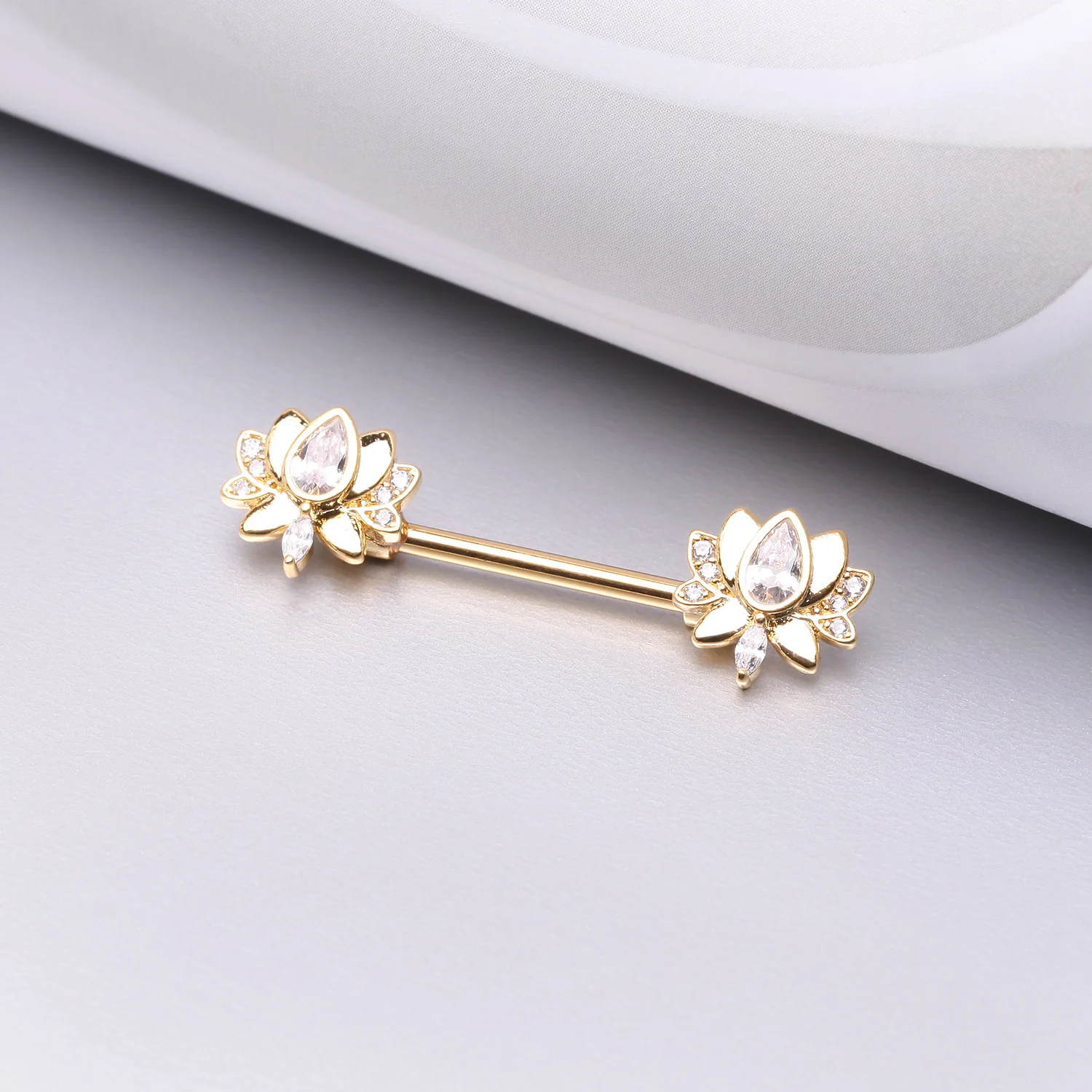 A Pair of Golden Luscious Lotus Sparkle Nipple Barbell - Image 2