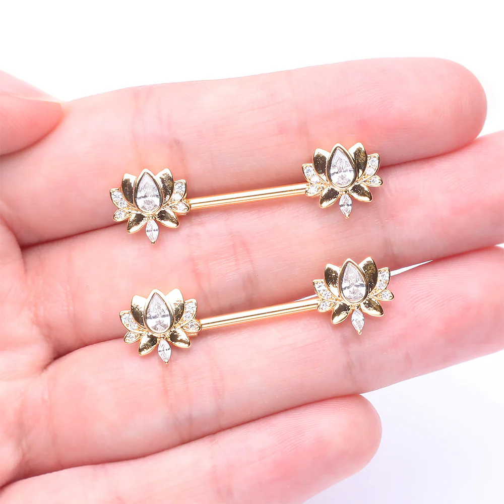 A Pair of Golden Luscious Lotus Sparkle Nipple Barbell - Image 3
