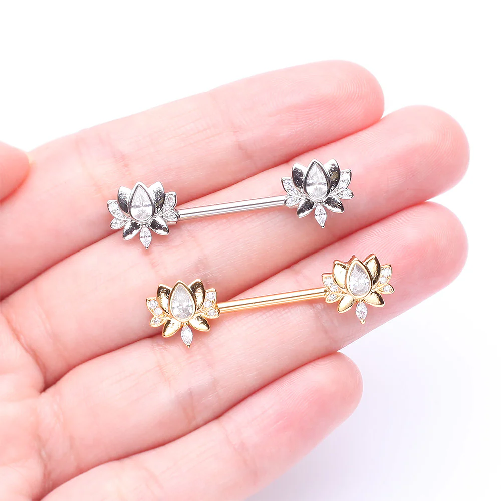 A Pair of Golden Luscious Lotus Sparkle Nipple Barbell - Image 4