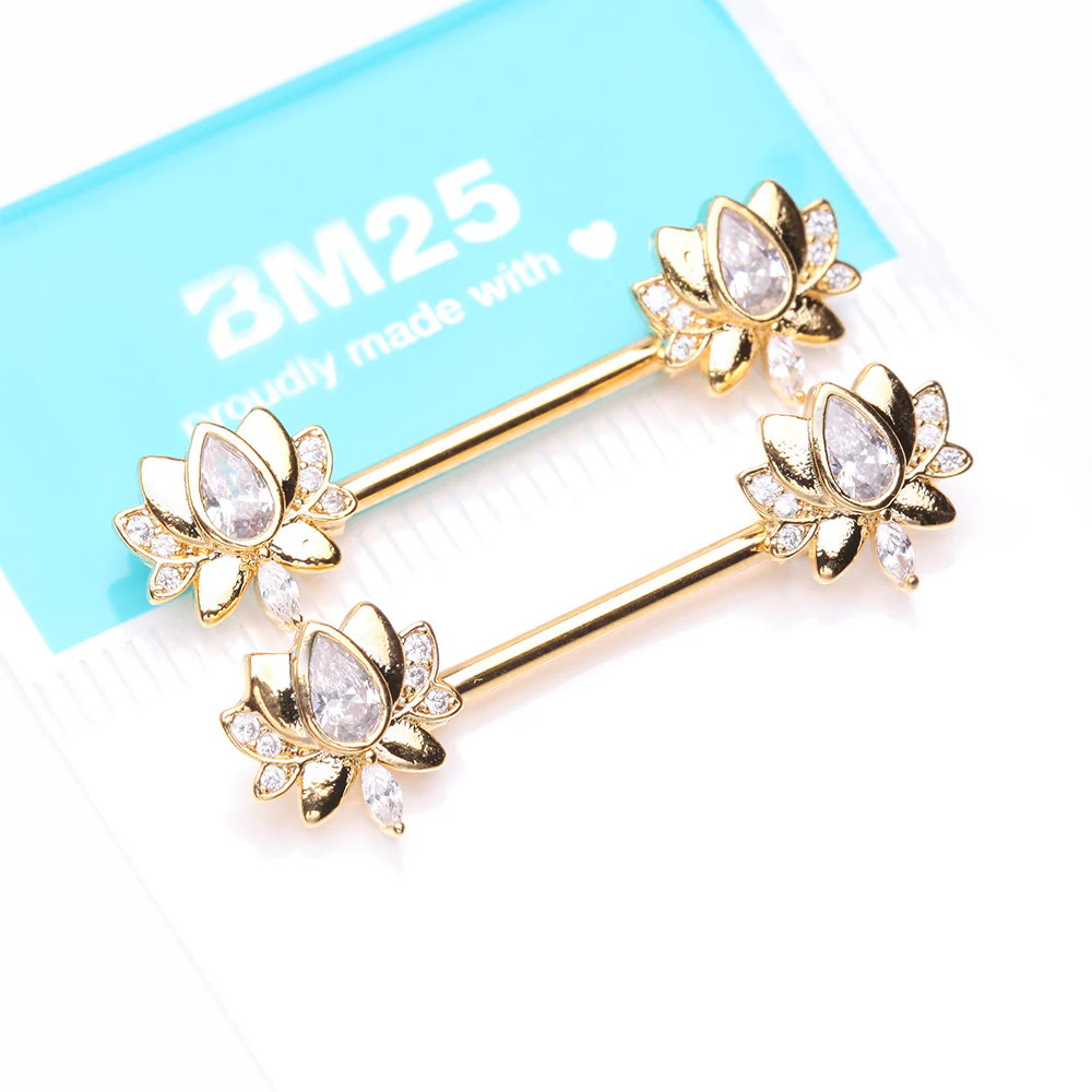 A Pair of Golden Luscious Lotus Sparkle Nipple Barbell - Image 5