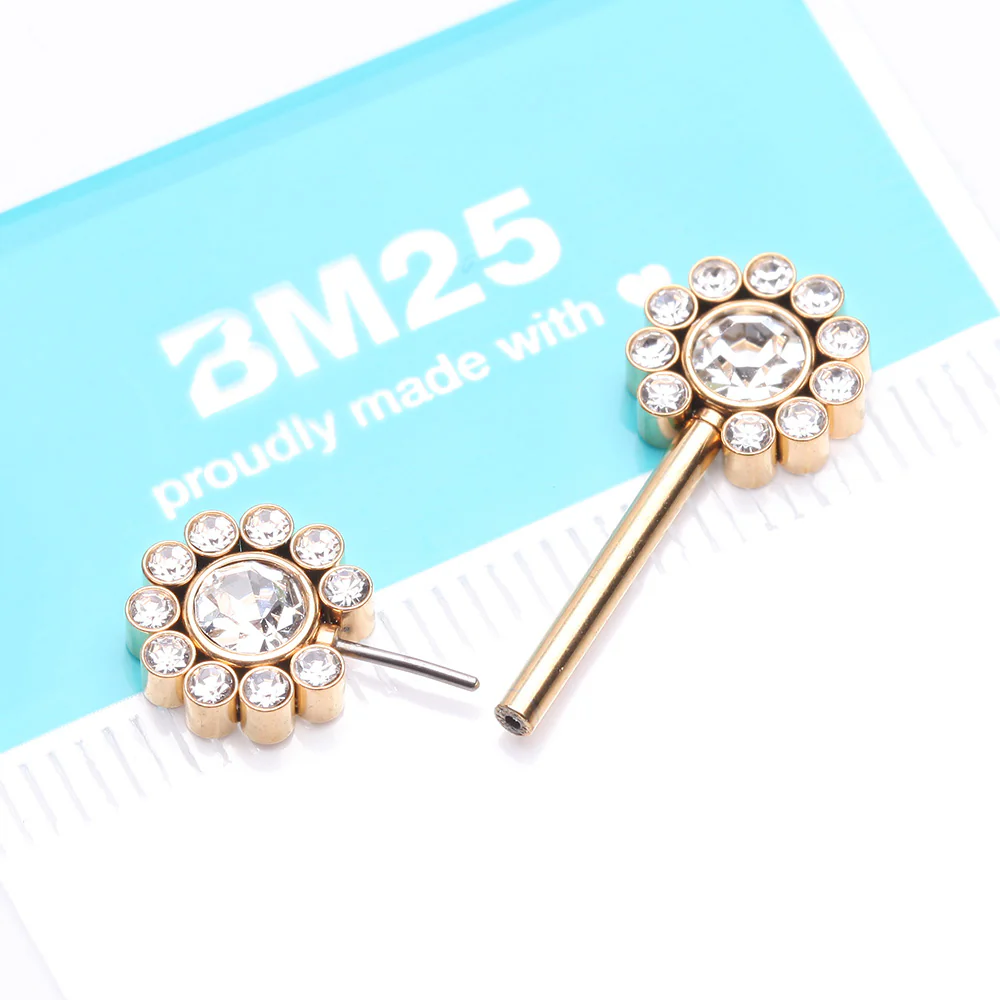 A Pair of Golden Magnificent Floral Sparkle Threadless Nipple Barbell - Image 3