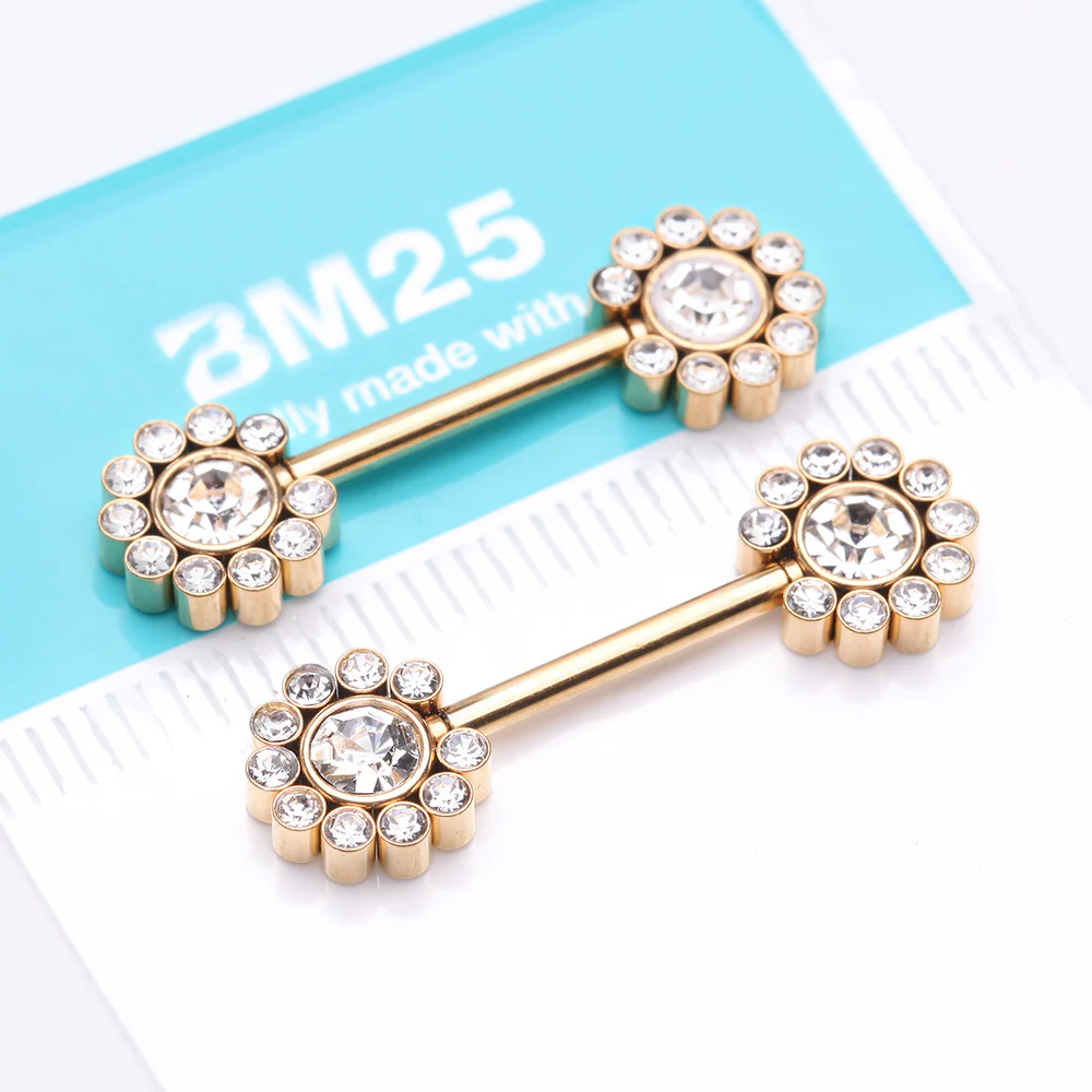 A Pair of Golden Magnificent Floral Sparkle Threadless Nipple Barbell - Image 4