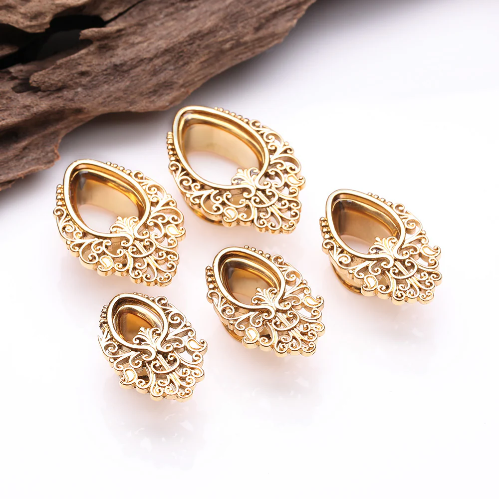 A Pair of Golden Majestic Filigree Teardrop Steel Double Flared Tunnel Plug - Image 3