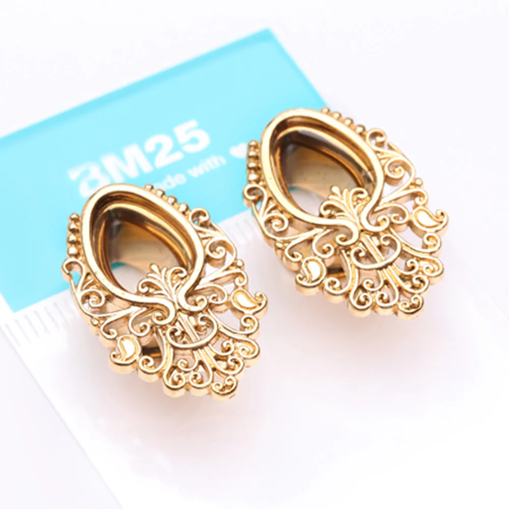 A Pair of Golden Majestic Filigree Teardrop Steel Double Flared Tunnel Plug - Image 5
