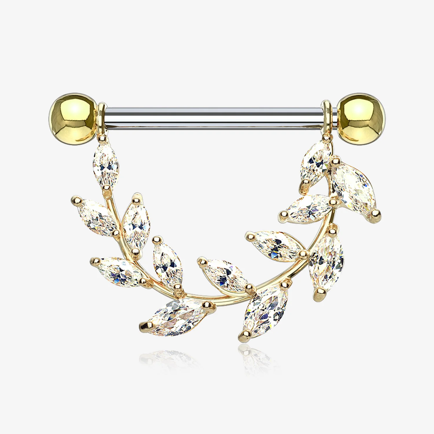 A Pair of Golden Marquise Sparkle Allure Leaves Dangle Nipple Shield