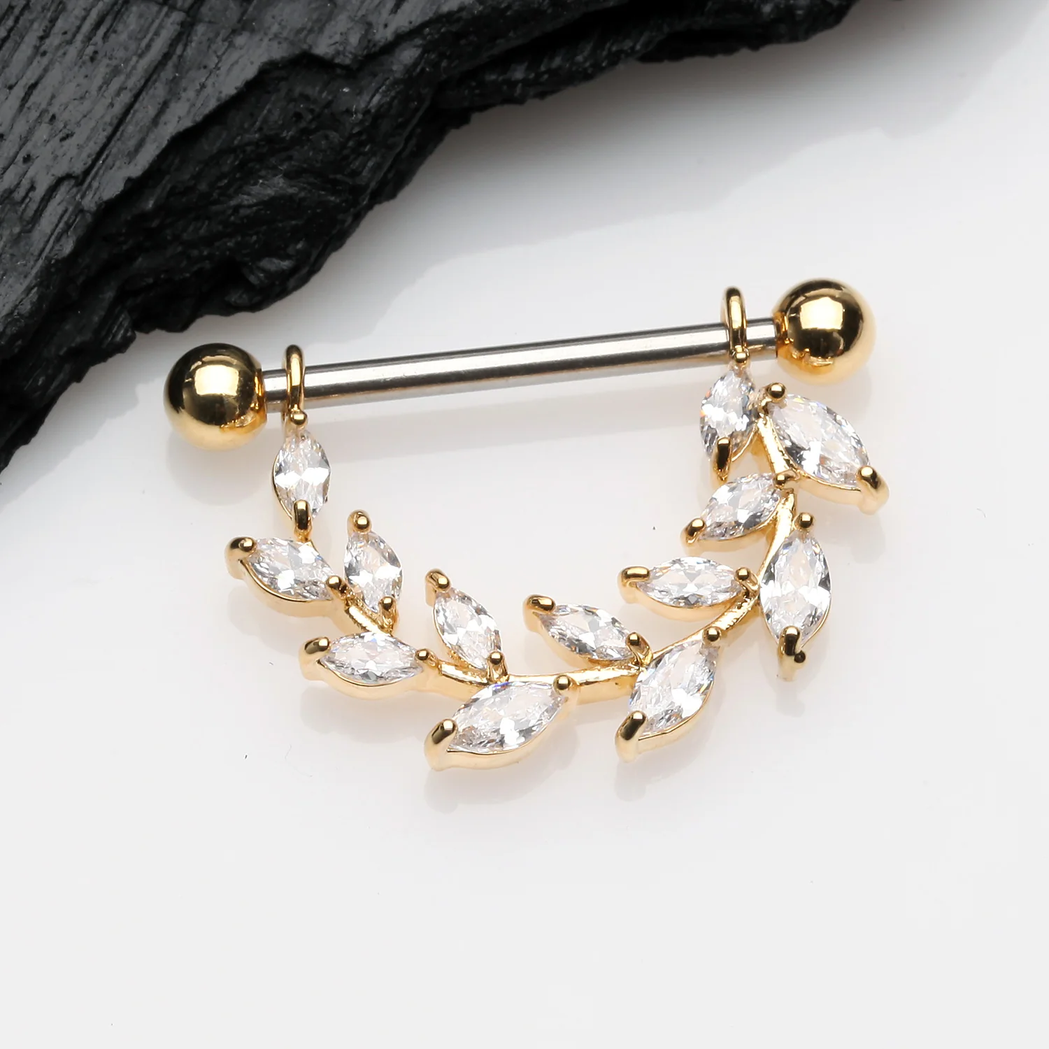 A Pair of Golden Marquise Sparkle Allure Leaves Dangle Nipple Shield - Image 2