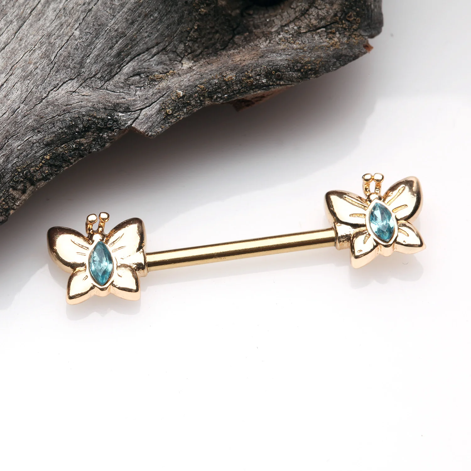 A Pair of Golden Marquise Sparkle Butterfly Nipple Barbell - Image 2