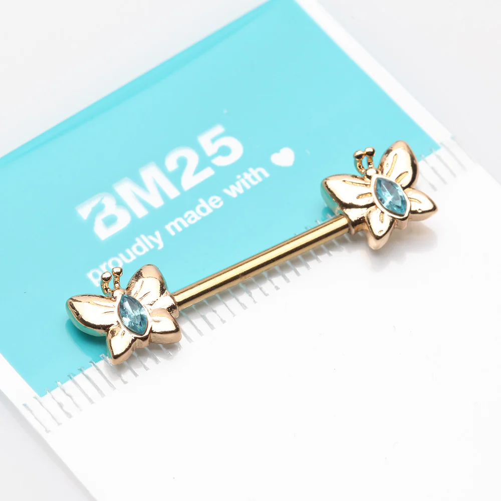 A Pair of Golden Marquise Sparkle Butterfly Nipple Barbell - Image 3