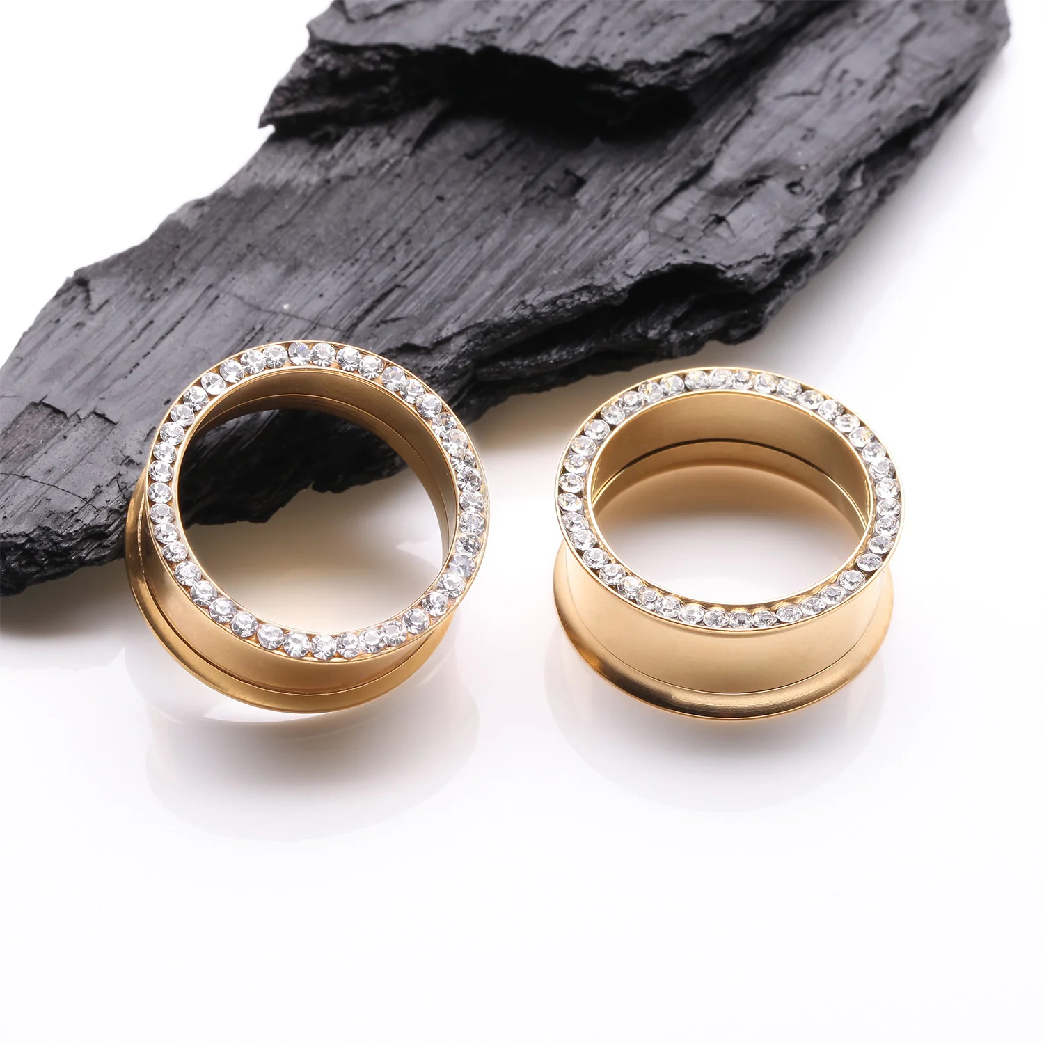 A Pair of Golden Multi-Gem Rimmed Sparkle Smooth Flared Screw-Fit Tunnel Plug - Image 2