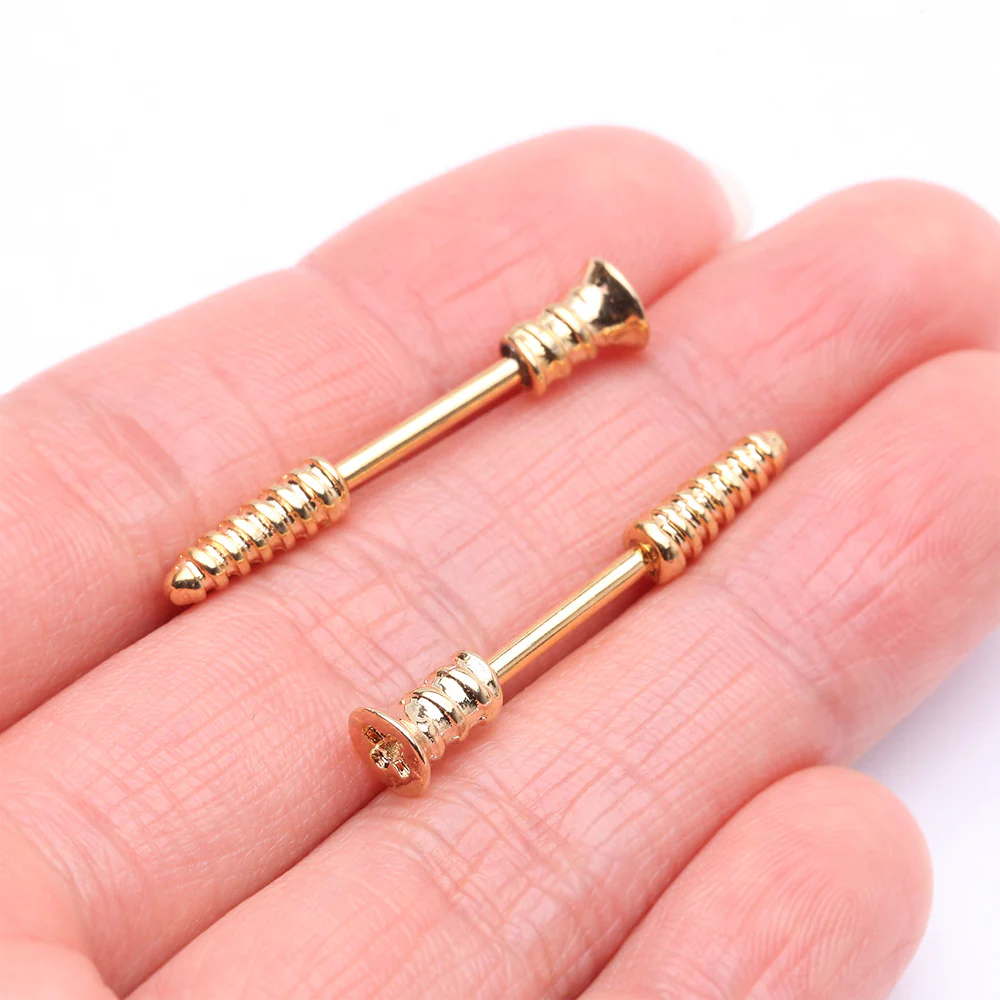 A Pair of Golden Nail Screw Bolt Steel Nipple Barbell - Image 3