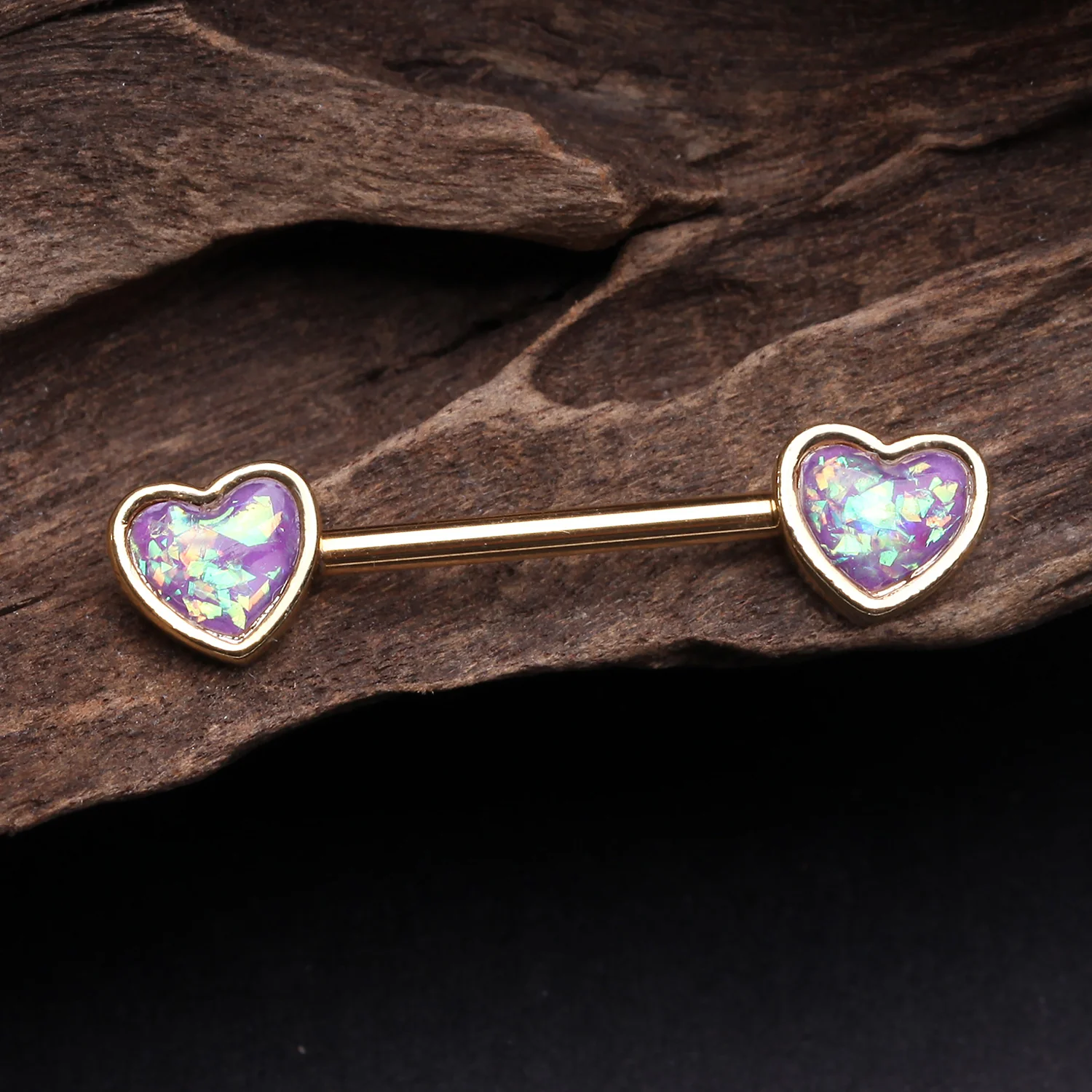A Pair of Golden Opalescent Heart Sparkle Nipple Barbell - Image 2